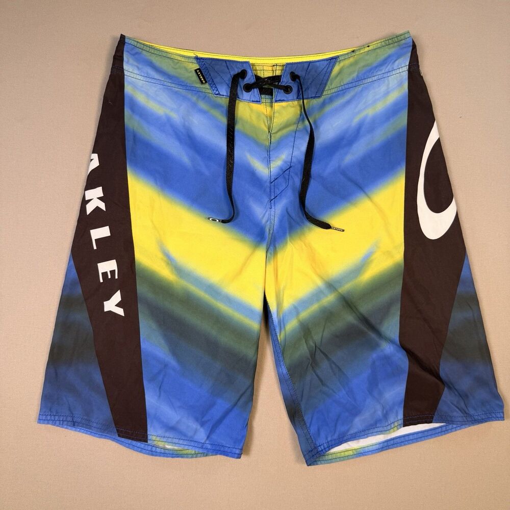 Oakley Board Shorts Size 32 Blue Yellow Tie Dye Tie Front Swim Trunks EUC